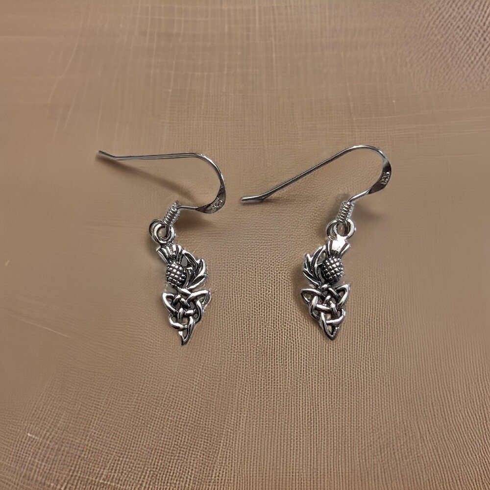 Brand New 925 Solid Sterling Silver Hanging Hook Thistle Celtic Knot Earrings